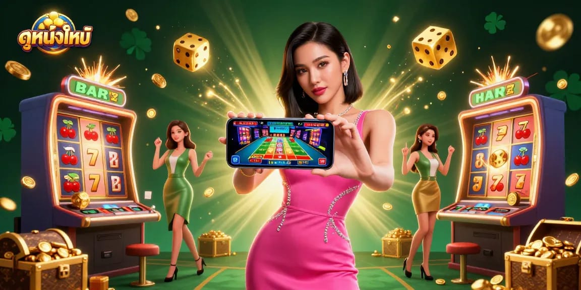 Experience ดูหนังใหม่ with a stunning scene of a confident woman enjoying a live casino game.