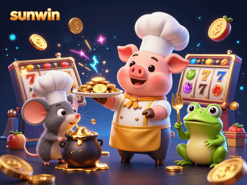 Experience thrilling slots action at sunwin with a lively 3D scene of quirky characters and vibrant game elements.