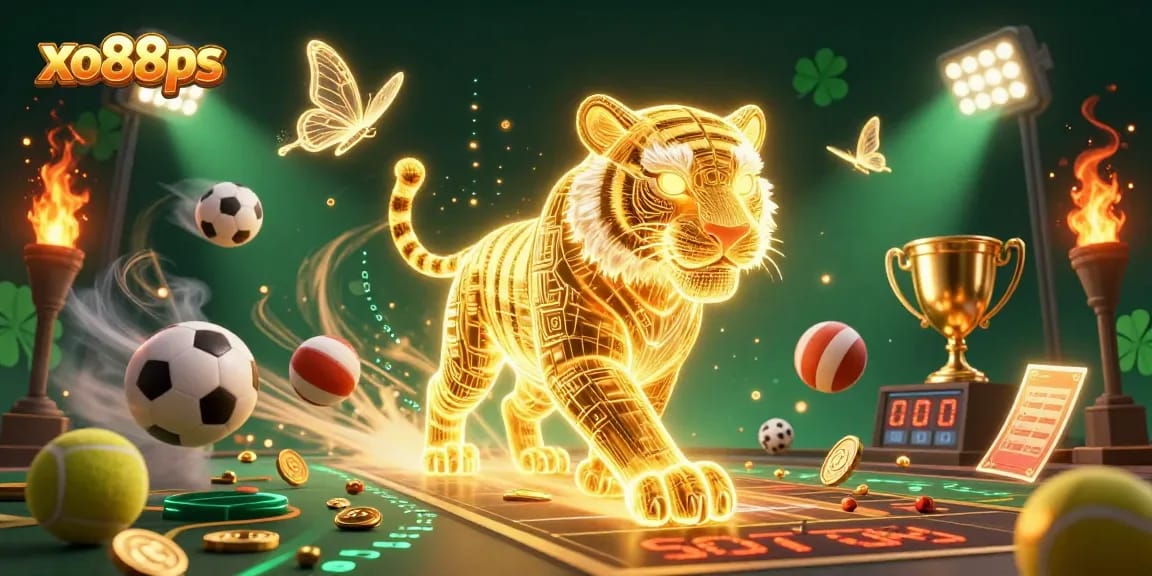 Engage with exciting games at xo88ps, featuring a neon tiger in a vibrant casino setting.