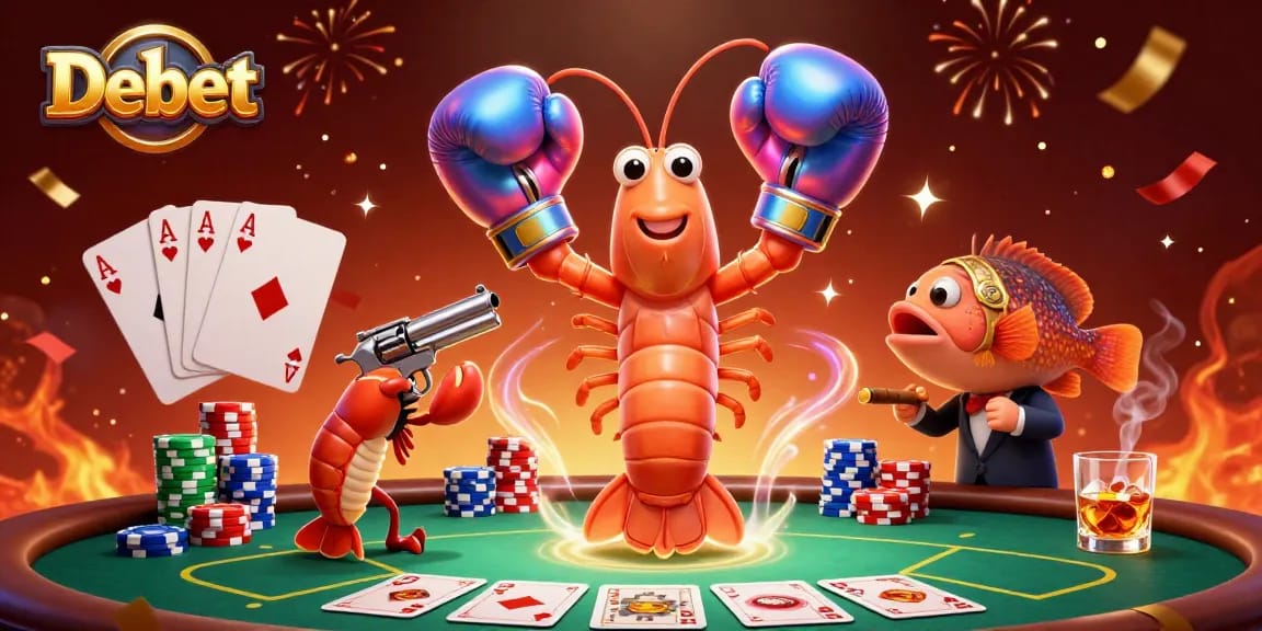 Experience high-stakes poker at Debet with lively characters, chips, and a vibrant atmosphere.