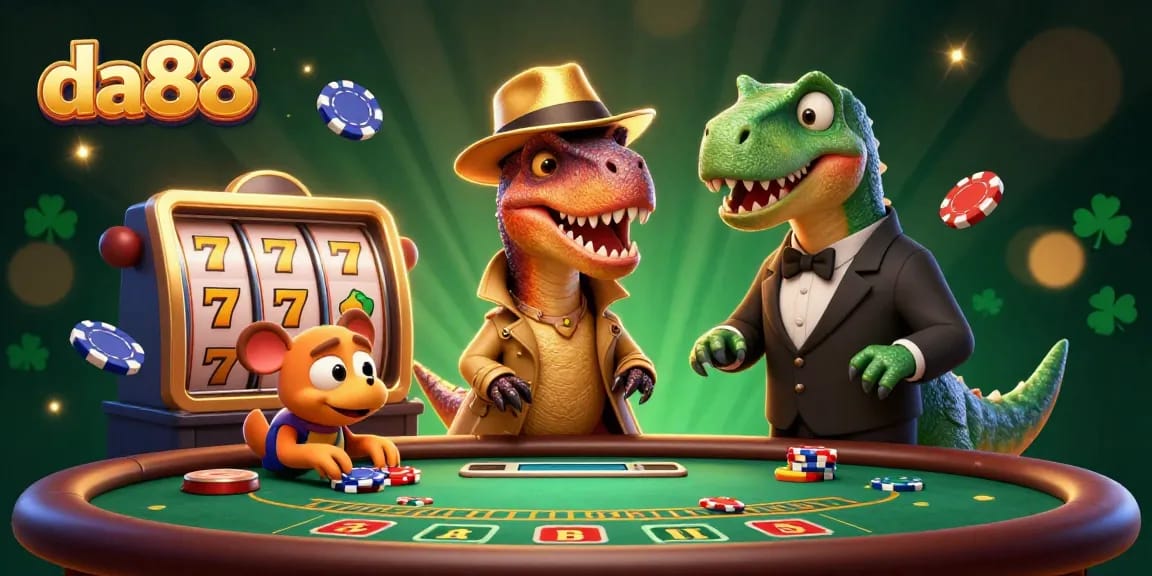 da88 offers an engaging blackjack experience with a raptor card counter amidst vibrant casino elements.