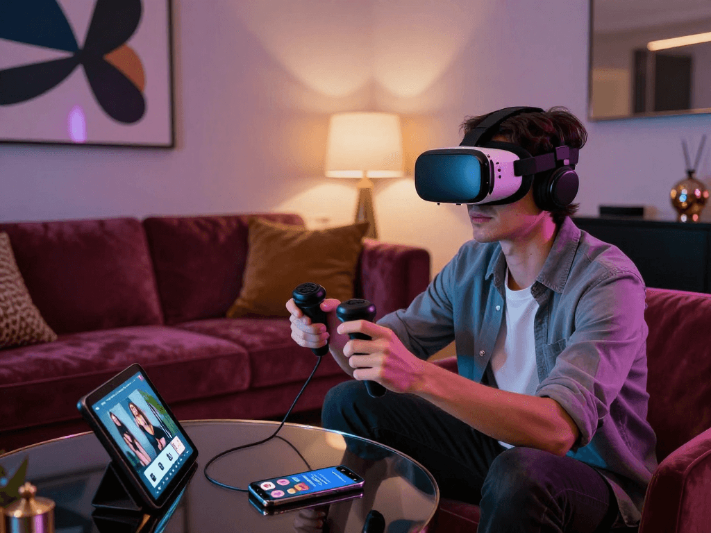 Engaging scene showcasing ai sex interactions through virtual reality technology and stylish decor.