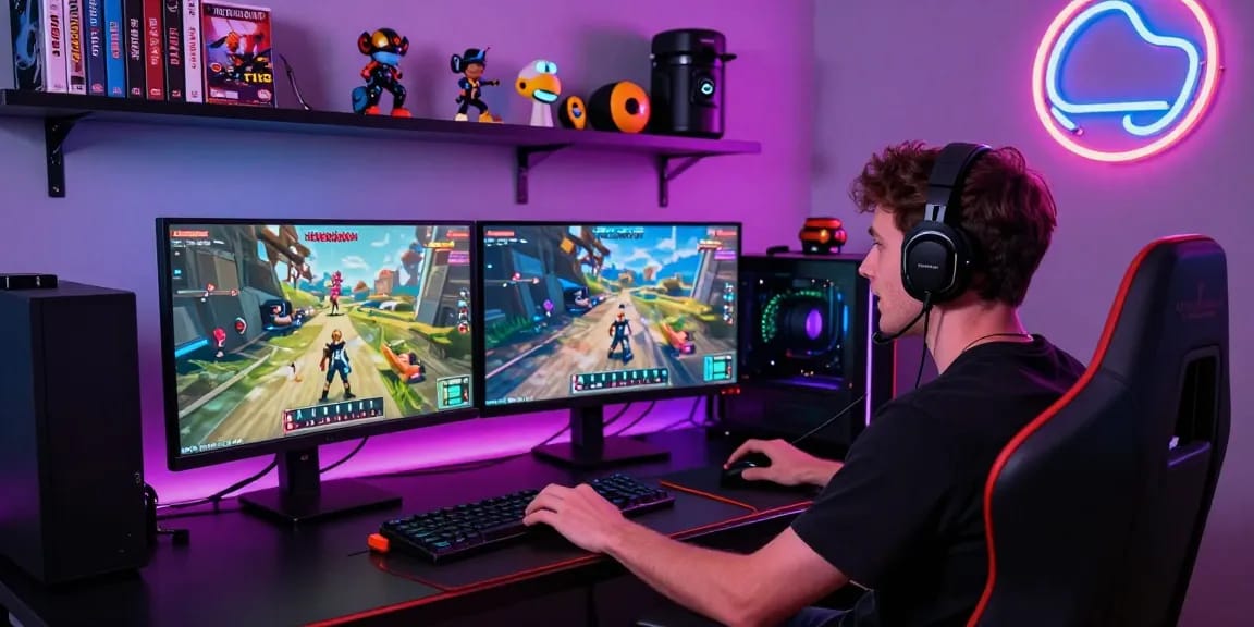 Engaging scene of a gamer enjoying porngames with vibrant visuals and colorful LED lighting.
