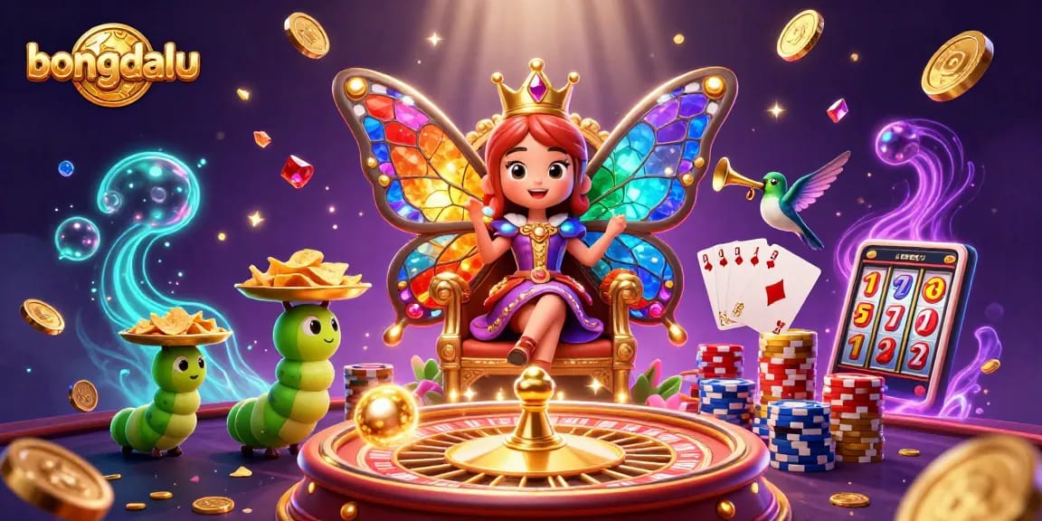 Bongdalu journey showcases an enchanted butterfly queen and vibrant casino elements, captivating players.