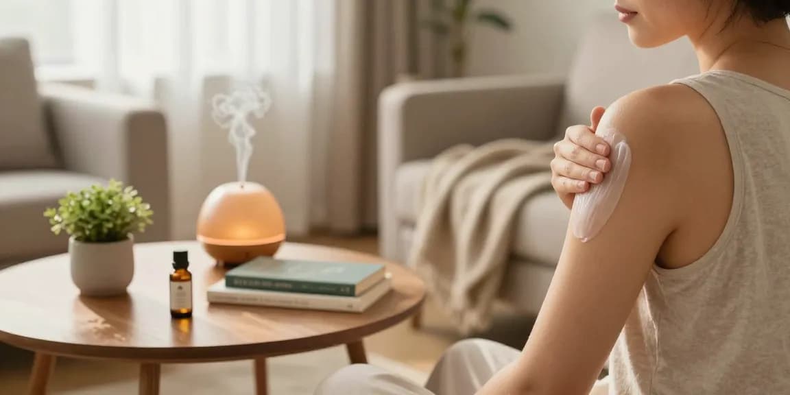 Applying cbd cream for muscle relief in a cozy living room.