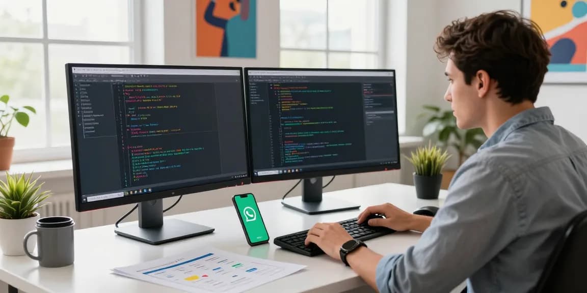 Efficient workspace with a developer coding on WhatsApp下載 app, showcasing dual monitors and smartphone, bright professional setup.