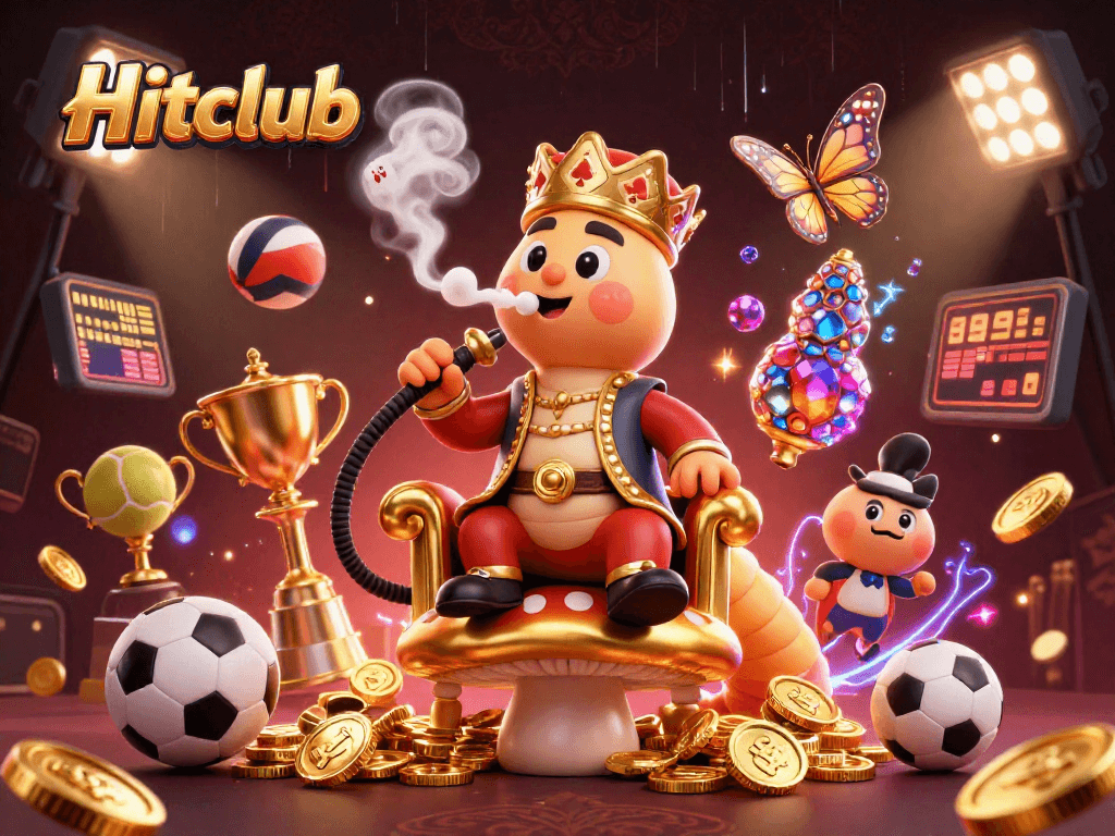 Hitclub casino experience featuring a caterpillar and poker symbols within vibrant elements.