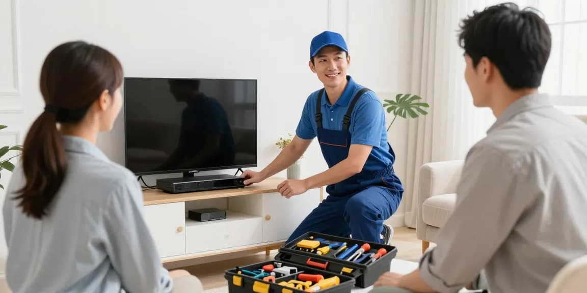 Local services provider demonstrating IPTV services installation in a home setting, showcasing professional contractor and community-focused service.