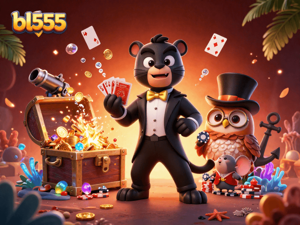 Experience superior gaming with bl555's vibrant illustrated scene featuring a tuxedo-clad panther and friends!