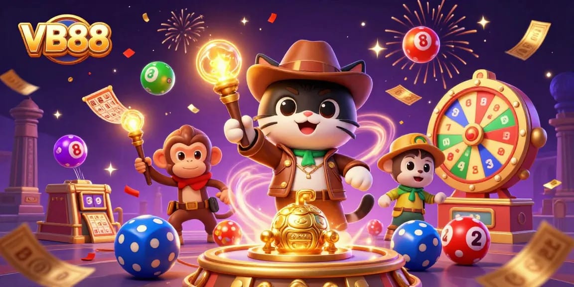 VB88 illustrates a whimsical cat explorer finding a golden casino artifact amid vibrant gambling elements.