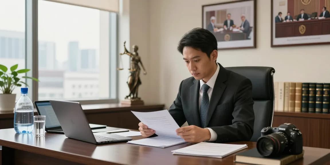 View of a professional criminal lawyer consulting clients in an elegant office with legal books and cityscape