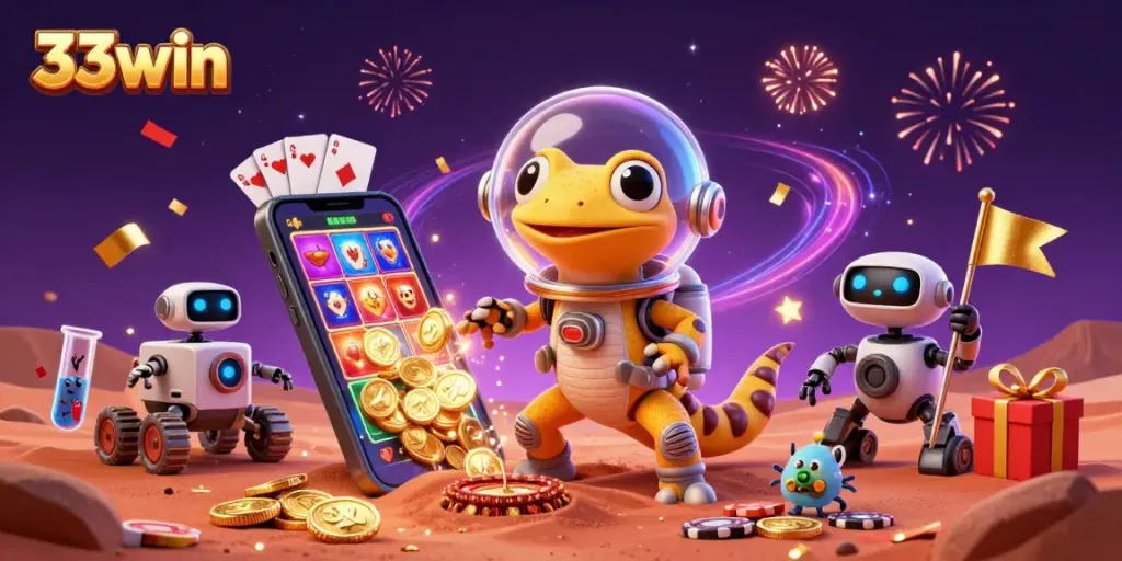 Engage in exciting gaming experiences with 33win as a Martian gecko explores a golden casino featuring colorful slots and dynamic gameplay.