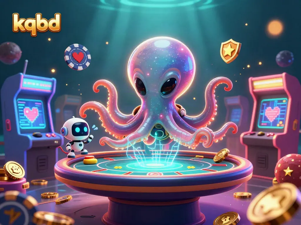 Engage with kqbd's dynamic gambling experience at a holographic poker table with colorful casino elements.
