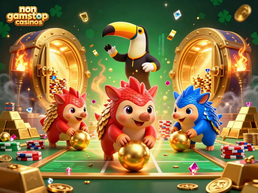 Engaging scene of non gamstop casinos featuring rival pangolins bowling poker chips, dynamic golden treasures, and confetti.