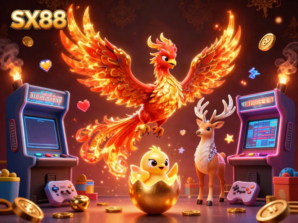 Experience the thrill of SX88 with vibrant 3D characters and casino slots in a spectacular illustration.