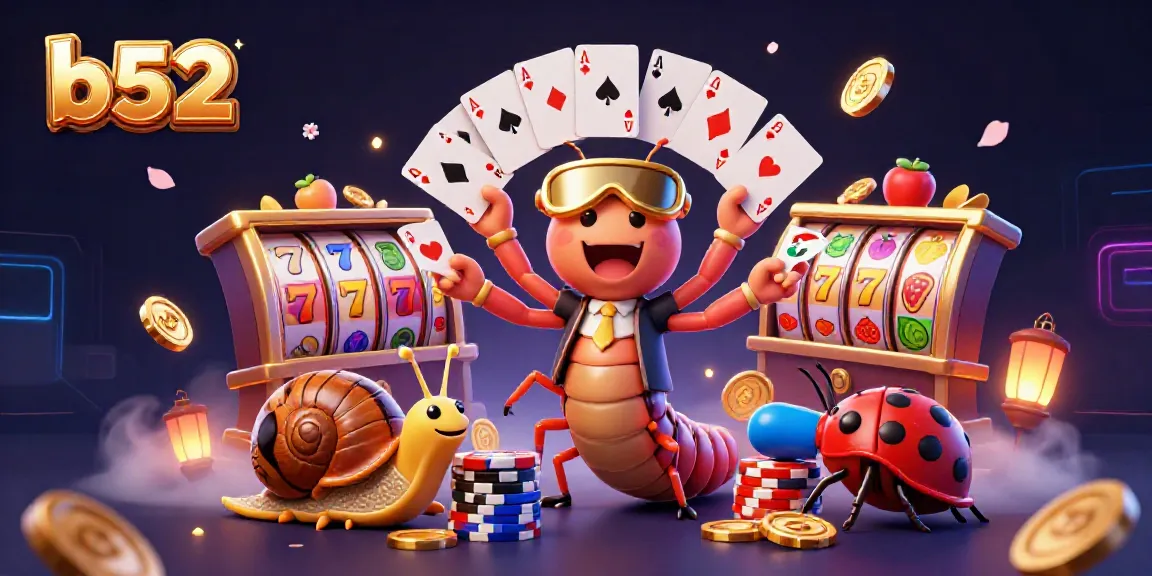 Experience thrilling gameplay at b52 with a cartoon millipede dealer and vibrant casino elements.