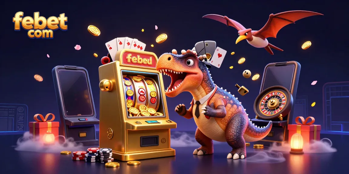 Win big with febet com as a cartoon dinosaur interacts with a jackpot slot machine.