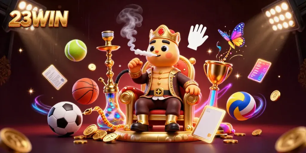 Experience thrilling wins with 23WIN in this dynamic casino scene showcasing sports and poker elements.