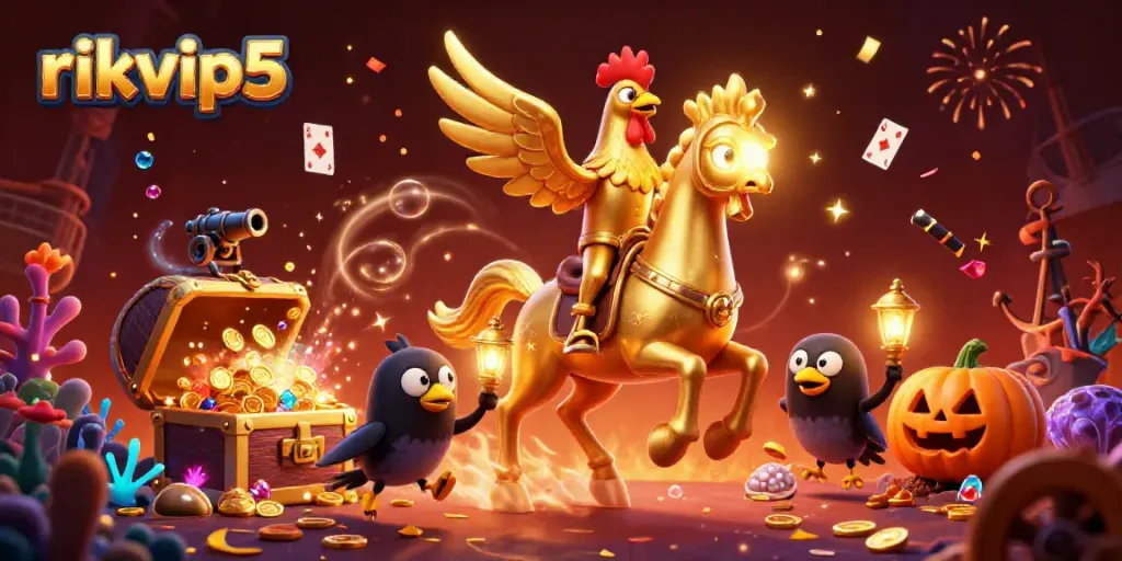 Experience thrilling gameplay with rikvip5 in an enchanting casino scene filled with gold and treasures.