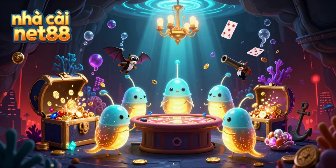 Experience the vibrant action at nhà cái net88 with glowworms illuminating a lively cave casino scene.
