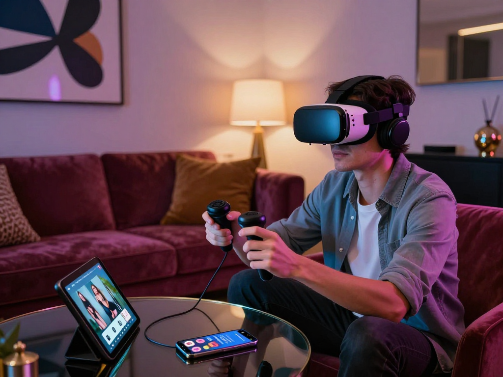 Engaging scene showcasing ai sex interactions through virtual reality technology and stylish decor.