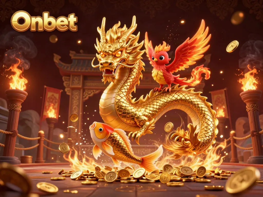 Onbet features a vibrant scene showcasing a majestic dragon and phoenix, symbolizing luck.
