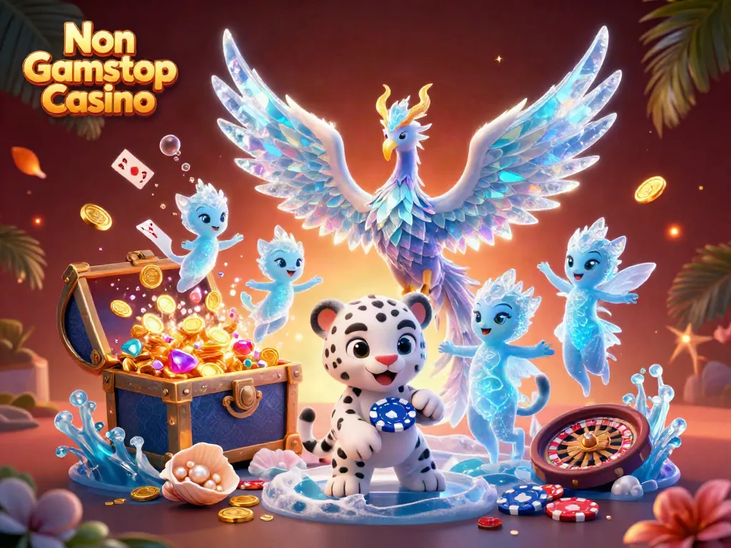 Experience excitement with Non Gamstop Casino featuring a vibrant 3D illustration of gaming elements and magical creatures.
