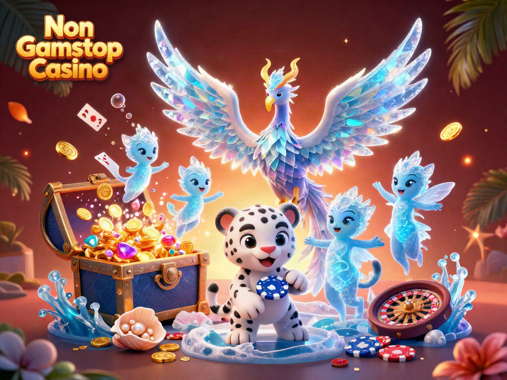 Experience excitement with Non Gamstop Casino featuring a vibrant 3D illustration of gaming elements and magical creatures.