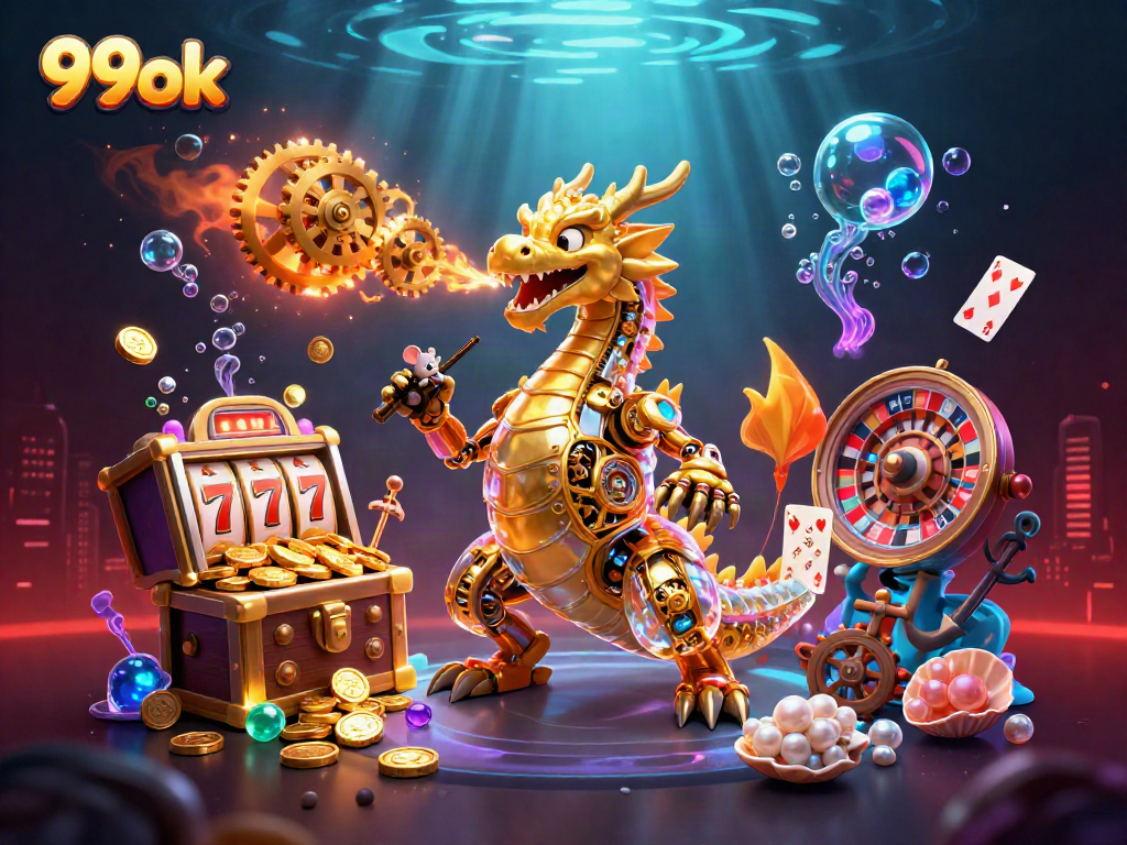 Experience the thrilling world of 99ok with golden dragon and slot machines amid underwater treasures.