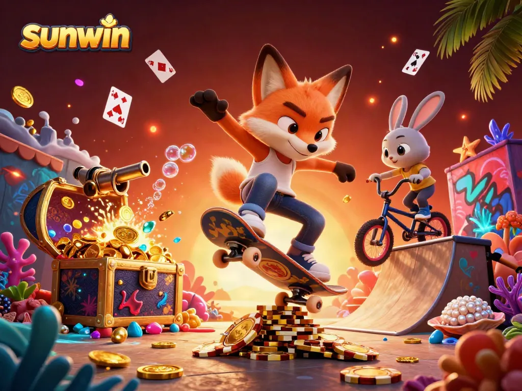 Experience thrilling gameplay at sunwin with a dynamic scene of a skateboarder fox and BMX rabbit amidst casino-themed elements.