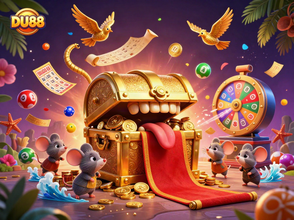 Unleash winning opportunities with DU88's captivating lottery-themed illustration, packed with vibrant elements.