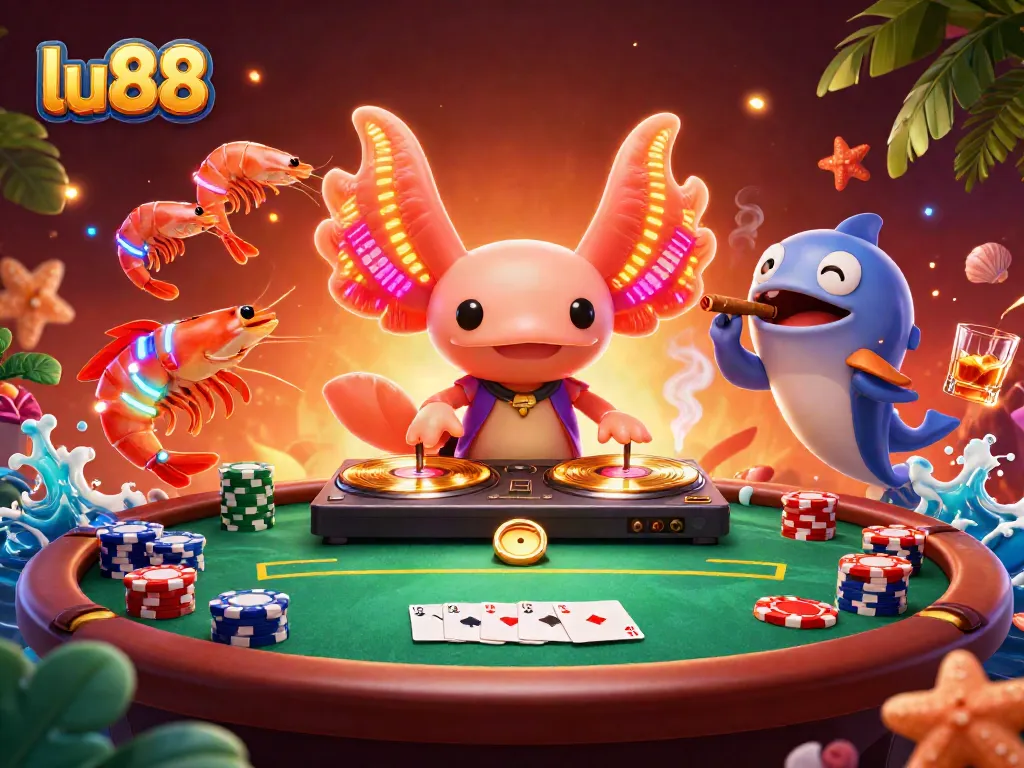 Engage in thrilling poker action at lu88 with a vibrant neon casino scene filled with lively characters.