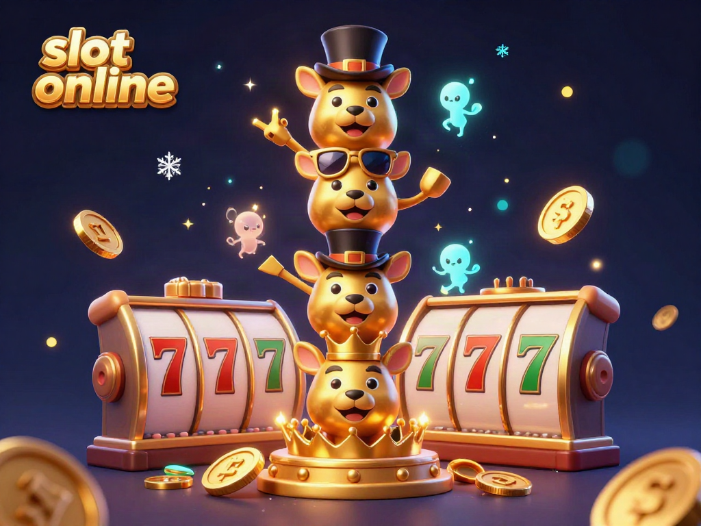 Engage with the exciting world of slot online through this dynamic 3D illustration featuring vibrant slot game symbols and elements.