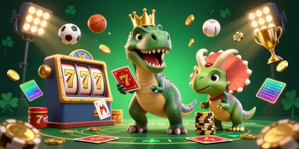 Engage with vibrant slot online action in a lively 3D illustration featuring playful dinosaur characters.