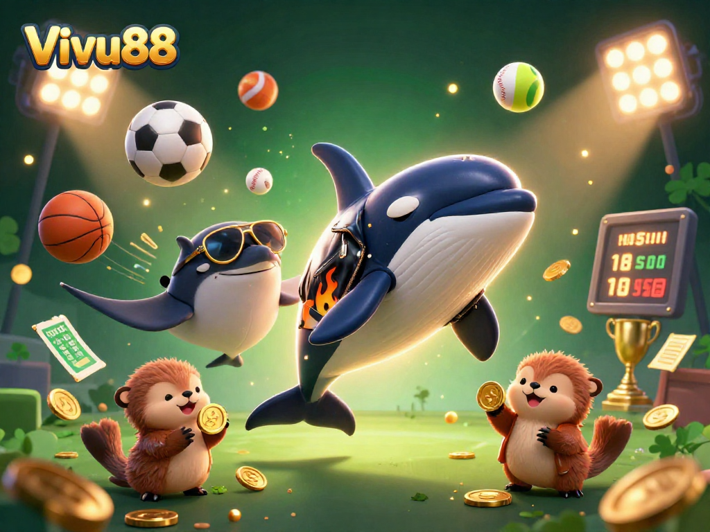Experience the thrill of Vivu88 with dynamic sports elements and animated characters in the casino scene.