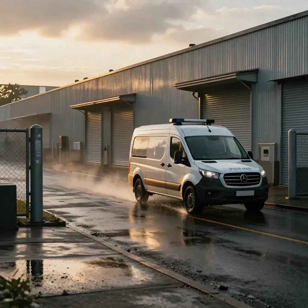 Patrol van sweeping a wet industrial yard beside gateposts and amber security lights.