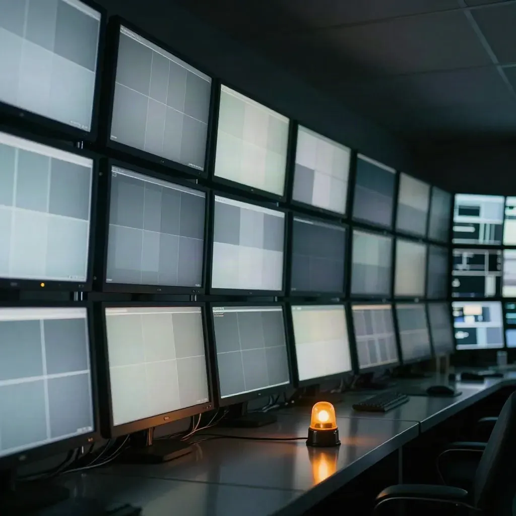 Glowing CCTV monitor wall in a dark control room with an alert beacon