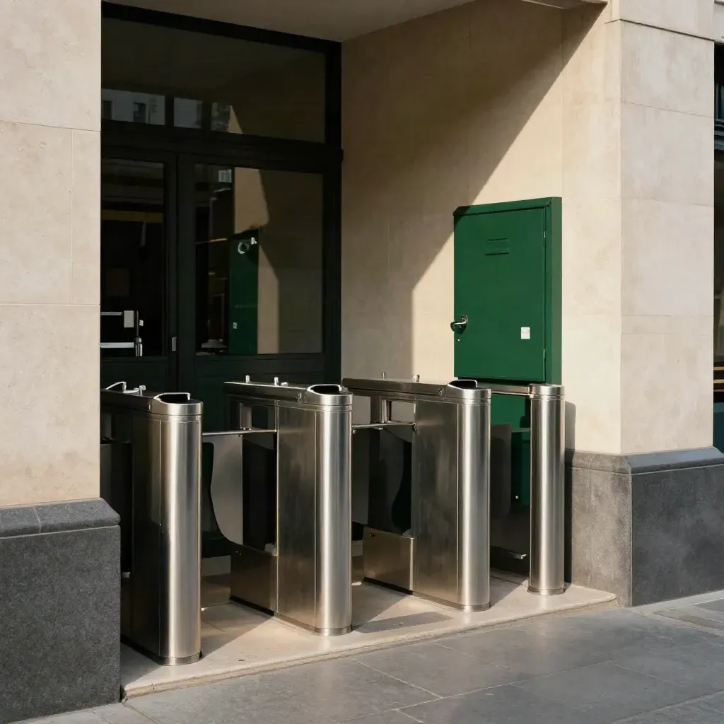 Static security post with turnstile, bollards and closed gate at a building entrance.
