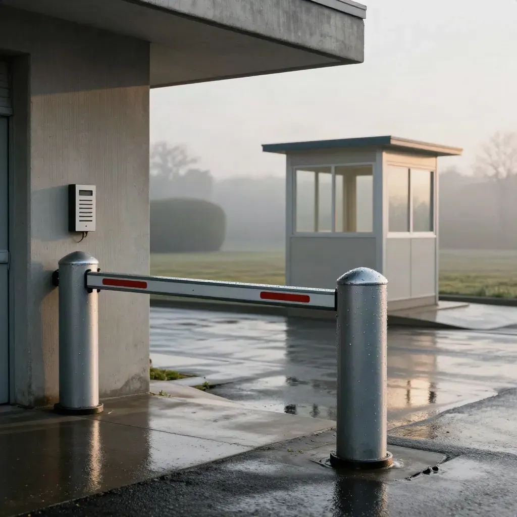 Guard hut, barrier arm, bollards and intercom at a secure business entrance in dawn haze.