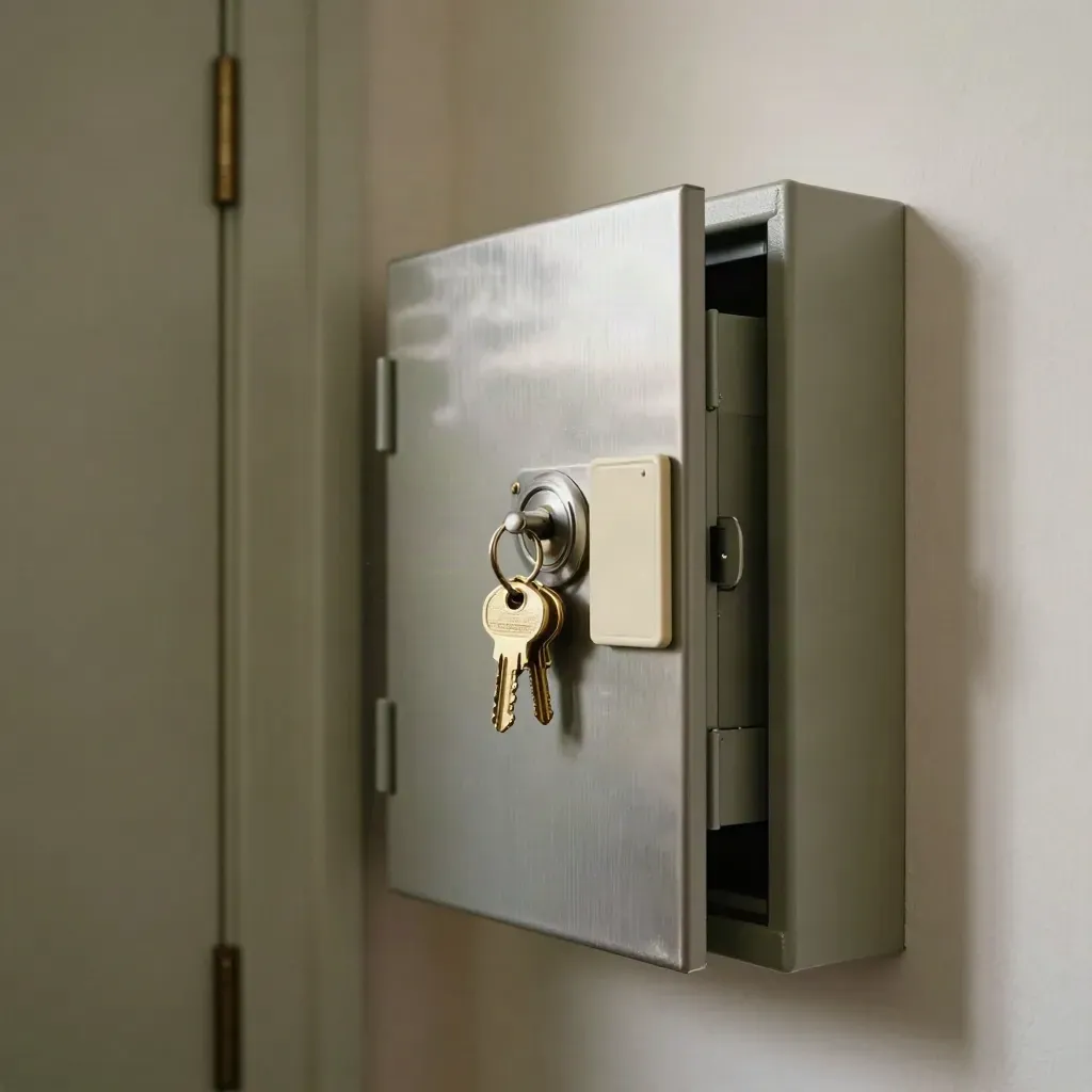 Open keyholding cabinet with brass keys and a wall safe beside a clean entry door.