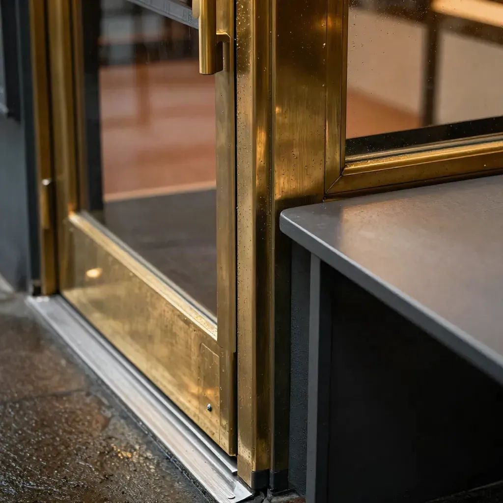 Macro of a closed brass venue entrance with stanchions, wet pavement, and moody light