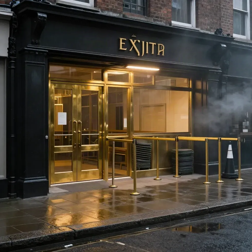 Closed brass venue doors, barriers, and wet pavement after midnight in Camden.