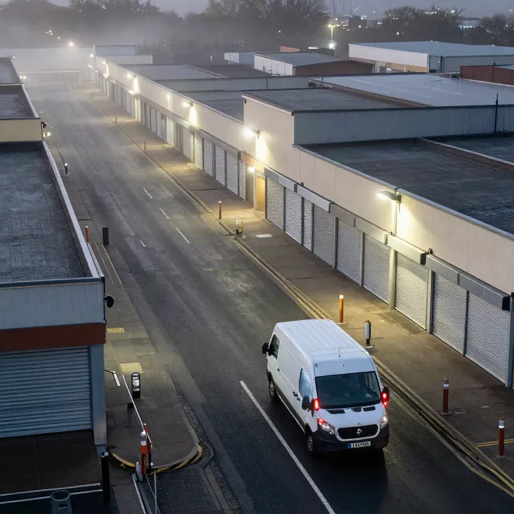 Quiet Leeds retail park at night with a patrol van turning past shuttered shops and glowing lights.