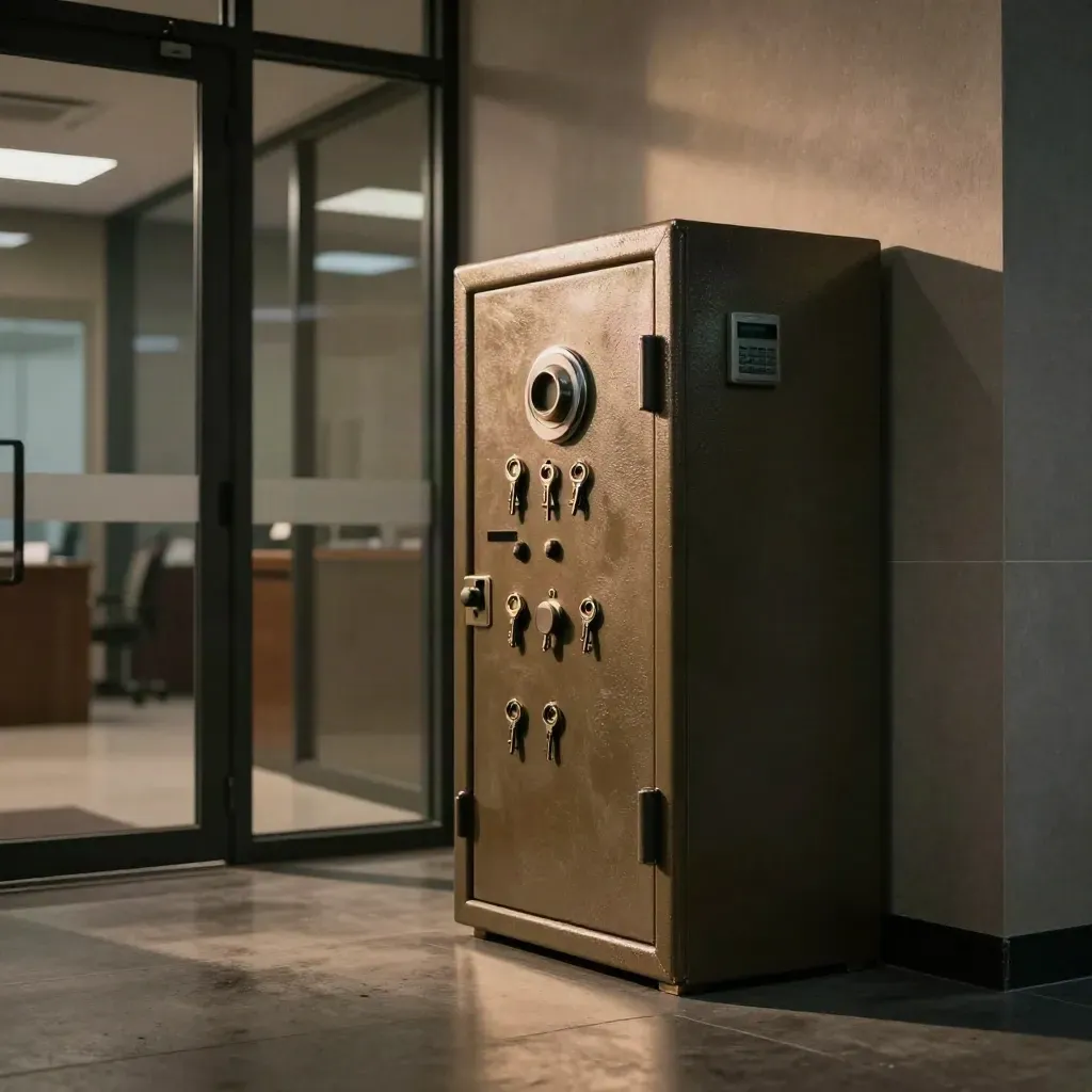 Night office lobby with sealed key safe, dark glass doors and amber alarm glow.