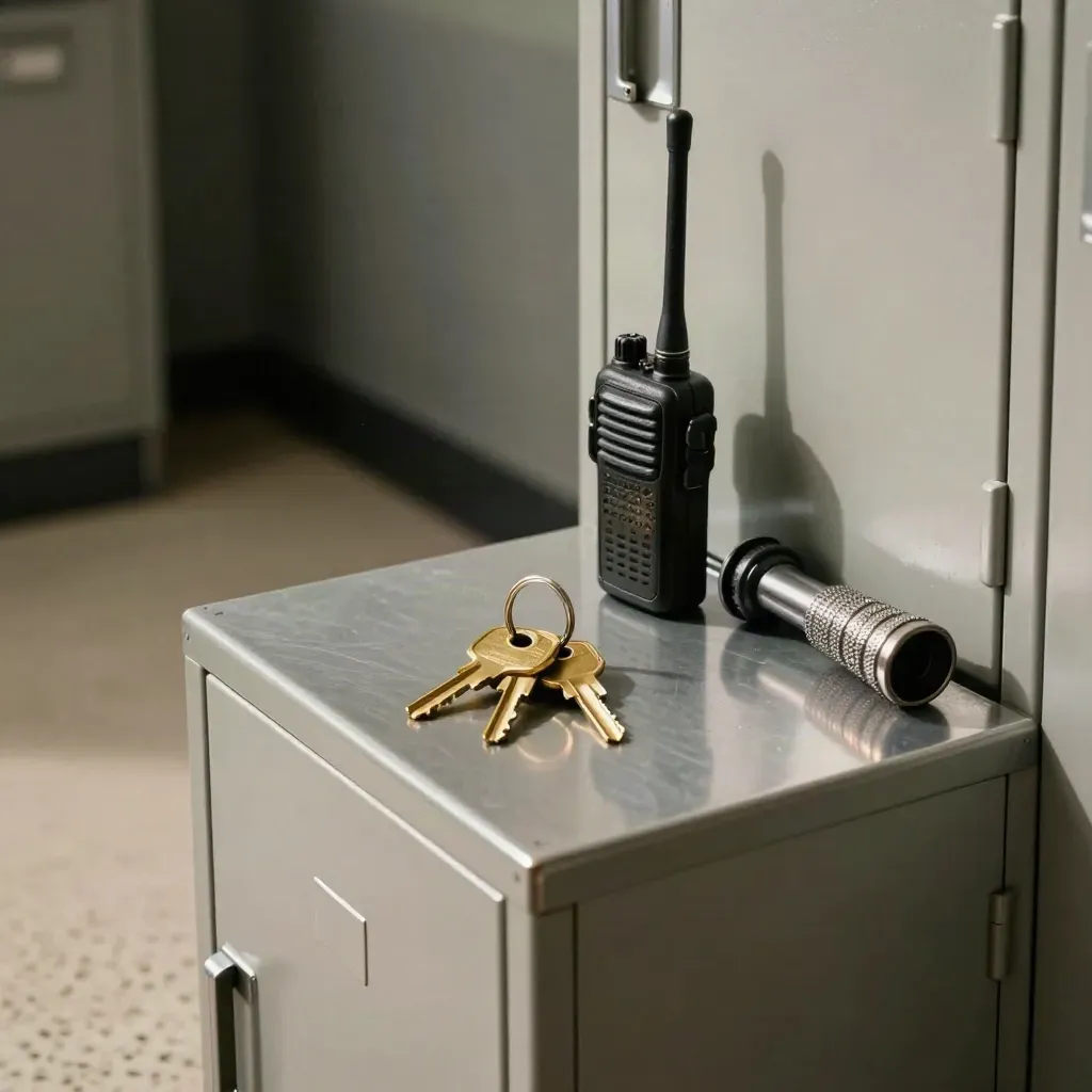 Master keyring, patrol radio and torch on a steel locker in a dim back-of-house room.