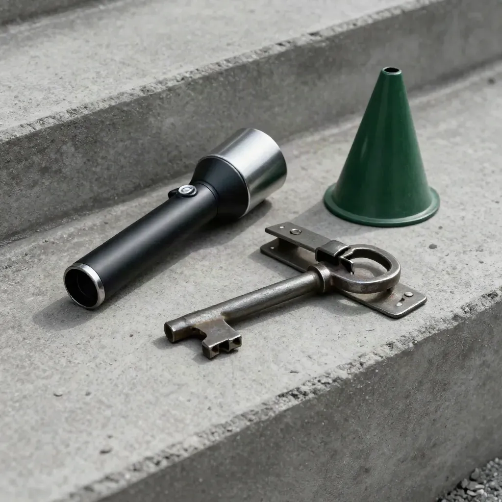 Overhead still life of torch, gate key, latch and cone on a gritty concrete step.
