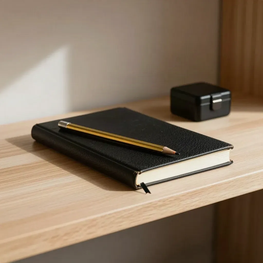 Closed field notebook, brass pencil, and lockbox on a pale oak shelf in soft side light.