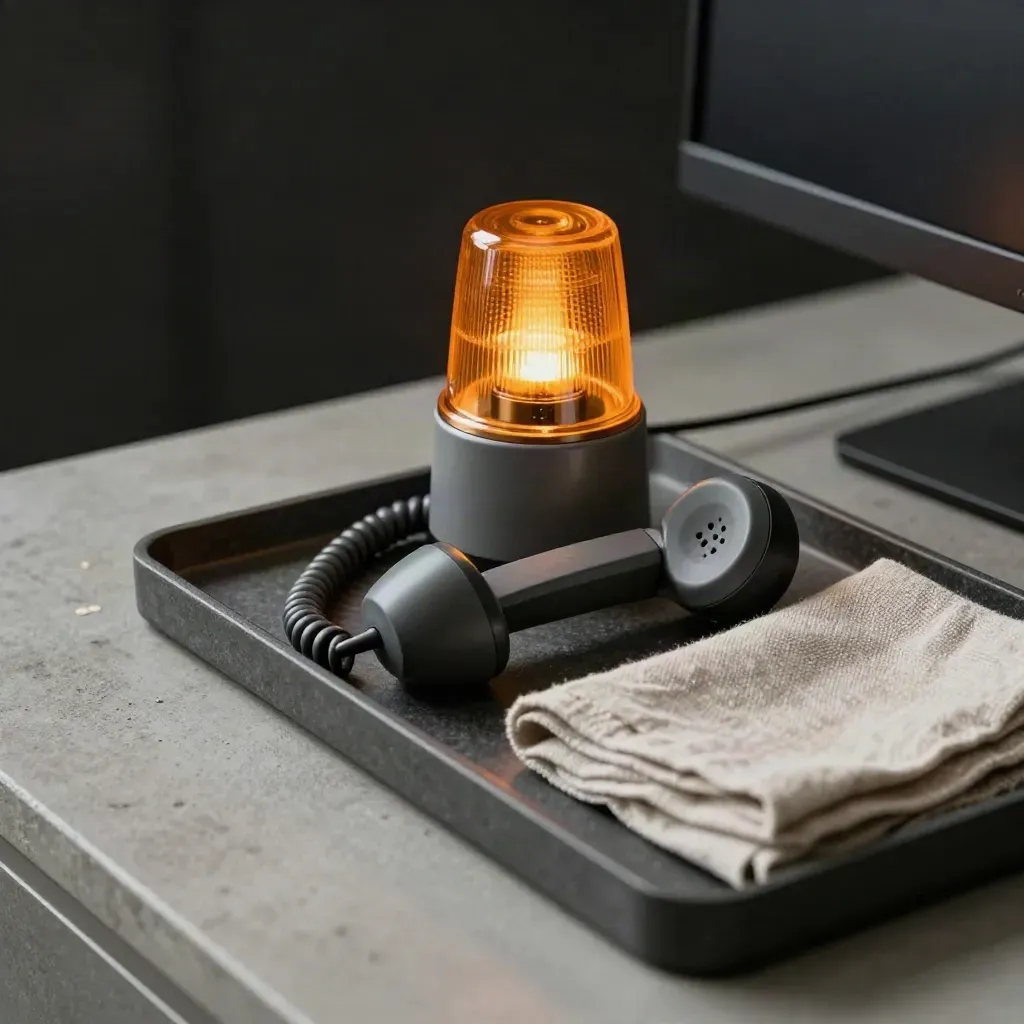 Amber beacon, radio base, handset and monitor edge on a stone tray with linen cloth
