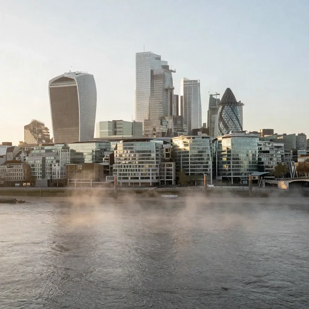 Canary Wharf and the Thames in mist with calm copy space below