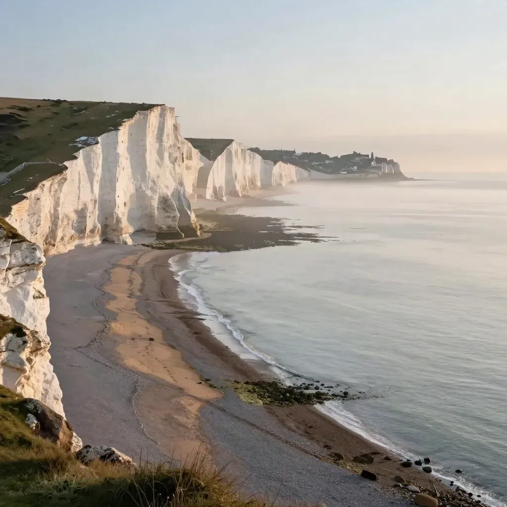 Chalk cliffs over a misty South East England shoreline at dawn with a distant coastal town.